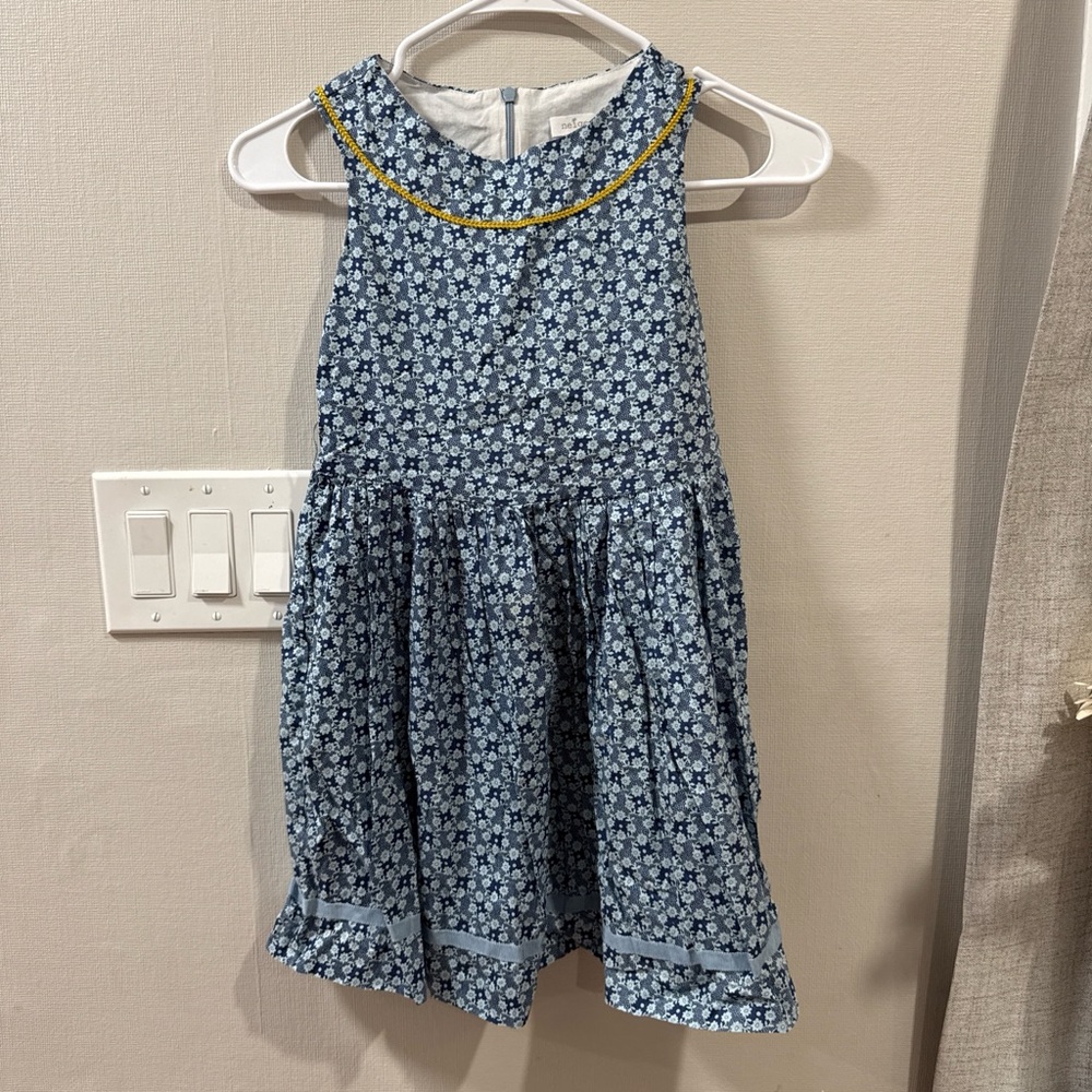 Girls' Blue Floral Sleeveless Dress with Yellow Trim